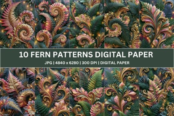 Download 10 Ornate Emerald Fern Digital Paper - Emerald Collection